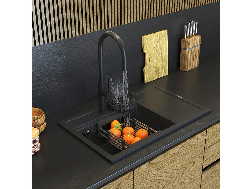 GRANIT ÉVIER NOIR ROBINET DISTRIBUTEUR LAVEUSE GOUTTE À GOUTTE PLANCHE RENDO SET