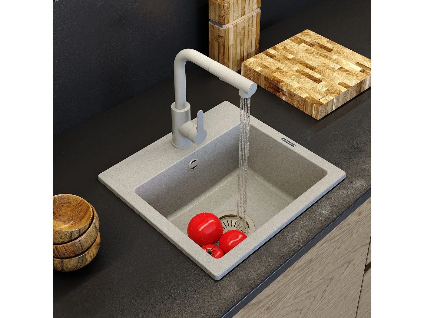 ÉVIER GRANIT BEIGE ENSEMBLE CUISINE MITIGEUR SIPHON COULEUR TEOR