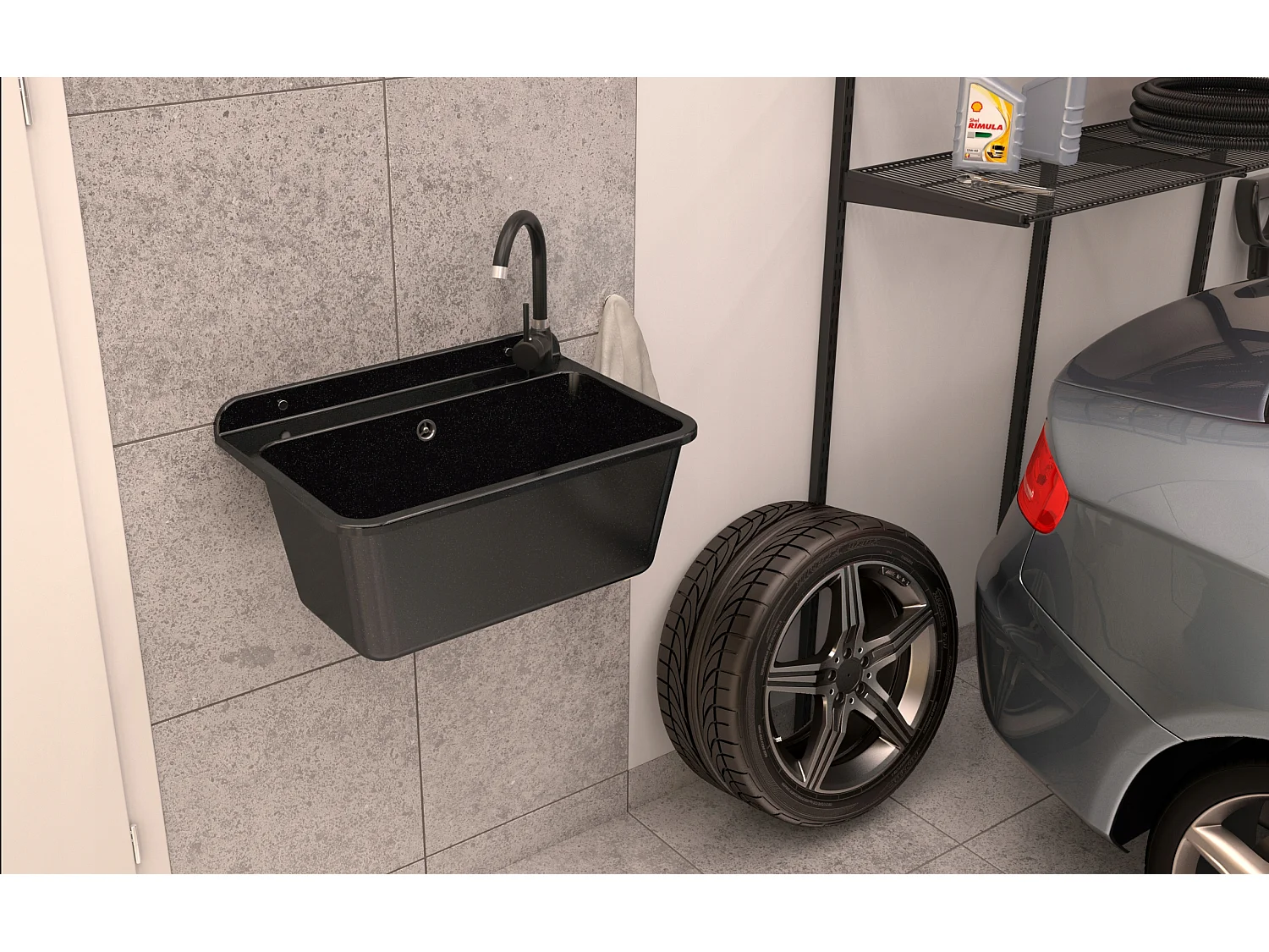 Évier Utilitaire Garage Chambre de Lavage Siphon Noir Grand Noir Pointillé - Polypropylène Résistant