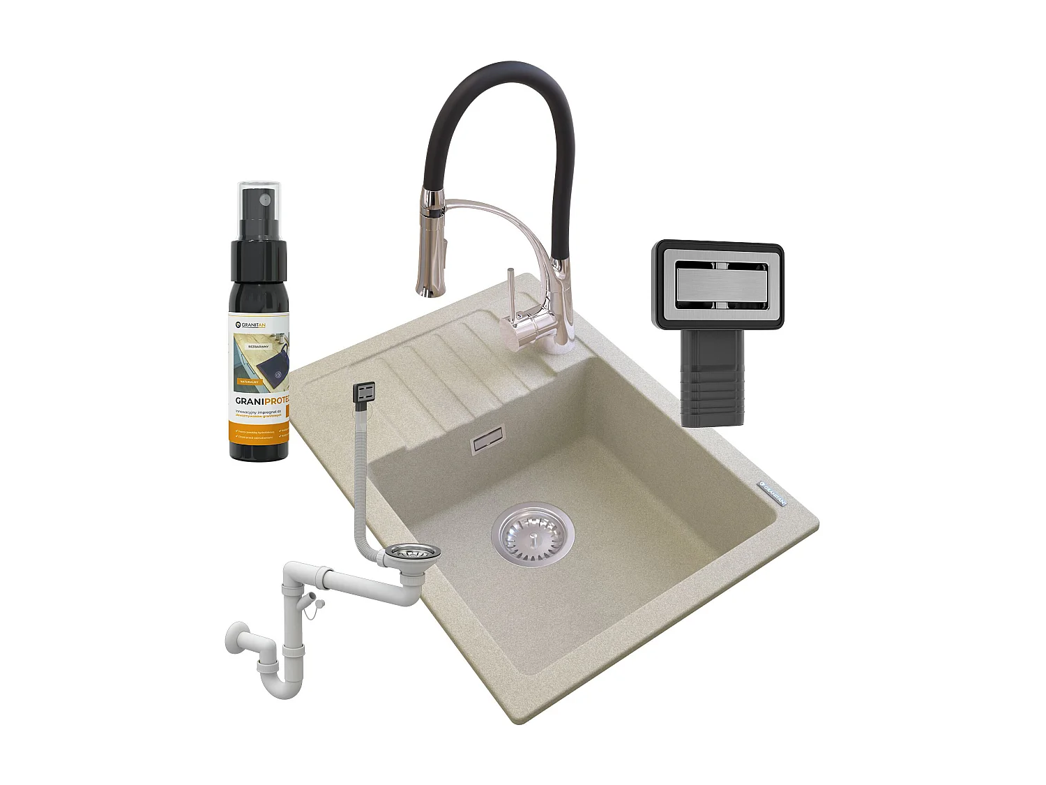 GRANIT BEIGE ÉVIER ARGOS + MITIGEUR NEXO + SIPHON