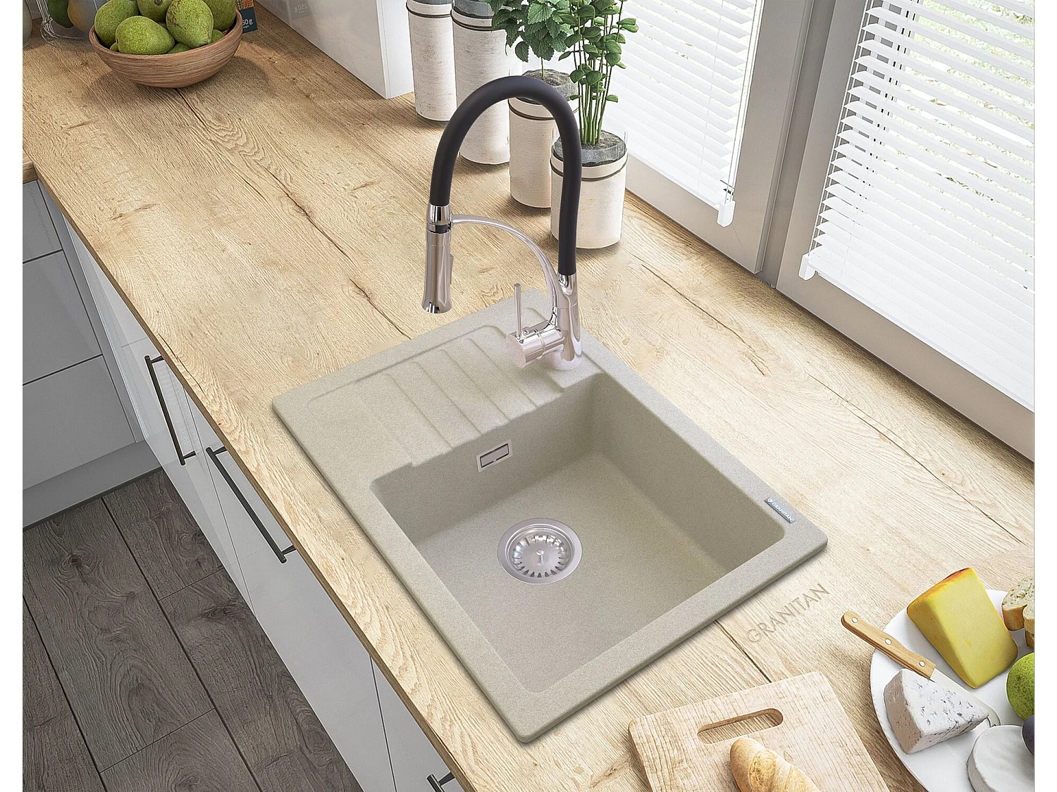 GRANIT BEIGE ÉVIER ARGOS + MITIGEUR NEXO + SIPHON