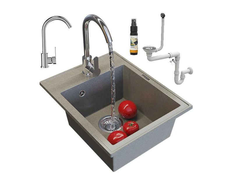 ÉVIER DE CUISINE EN GRANIT MONOCUVE BRUN MITIGEUR SIPHON NERO