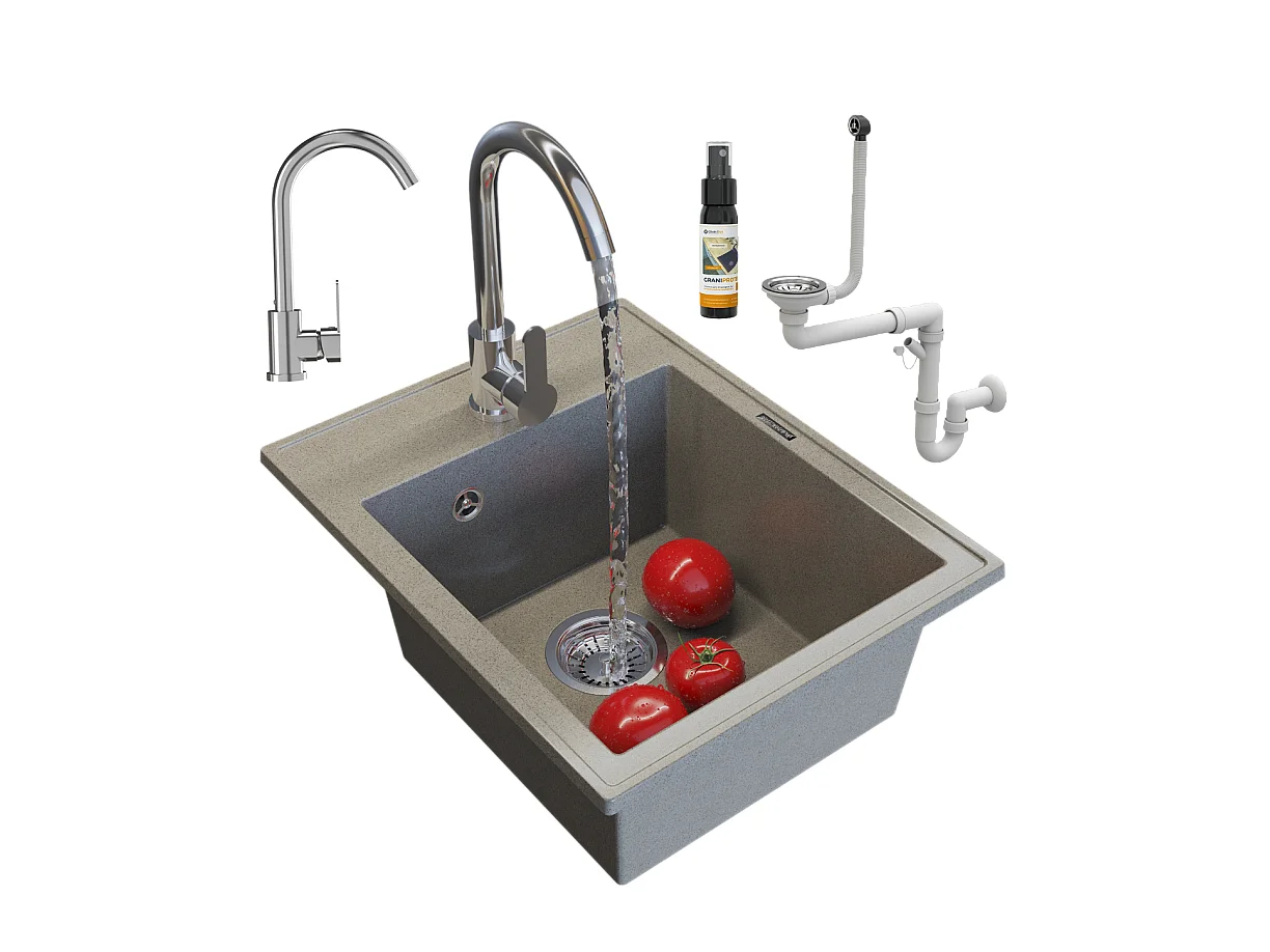 ÉVIER DE CUISINE EN GRANIT MONOCUVE BRUN MITIGEUR SIPHON NERO