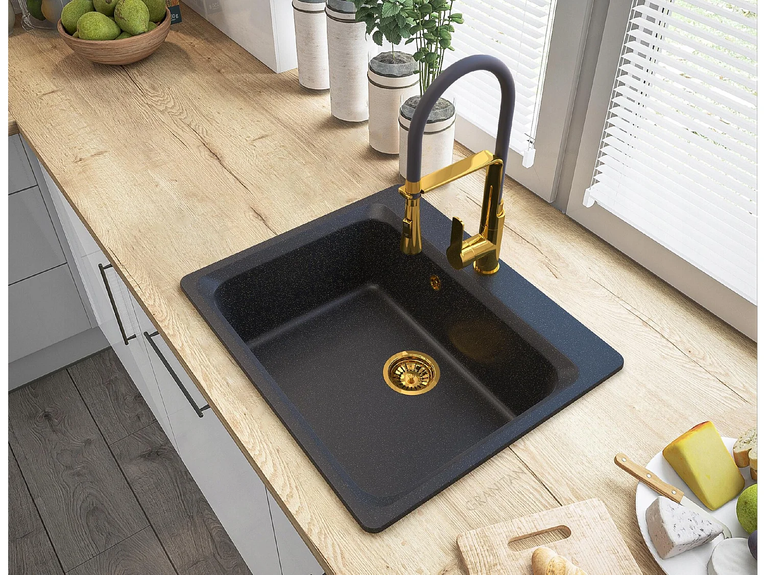 ÉVIER EN GRANIT SIPHON DORÉ ROBINET DORÉ ZANTE