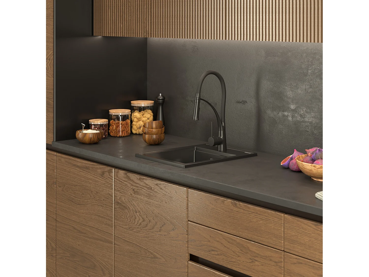 ÉVIER EN GRANIT ROBINETTERIE NOIRE ALOR