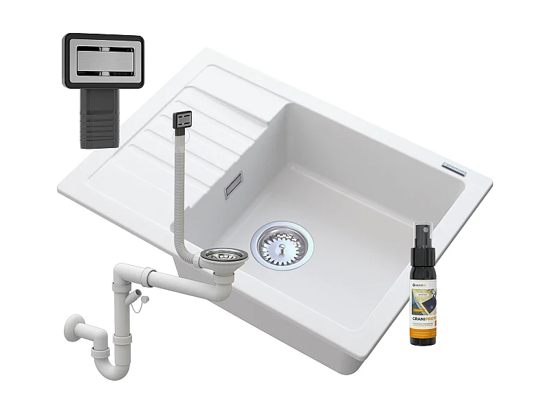 ÉVIER EN GRANIT BLANC ARGOS + SIPHON CARRÉ CHROMÉ