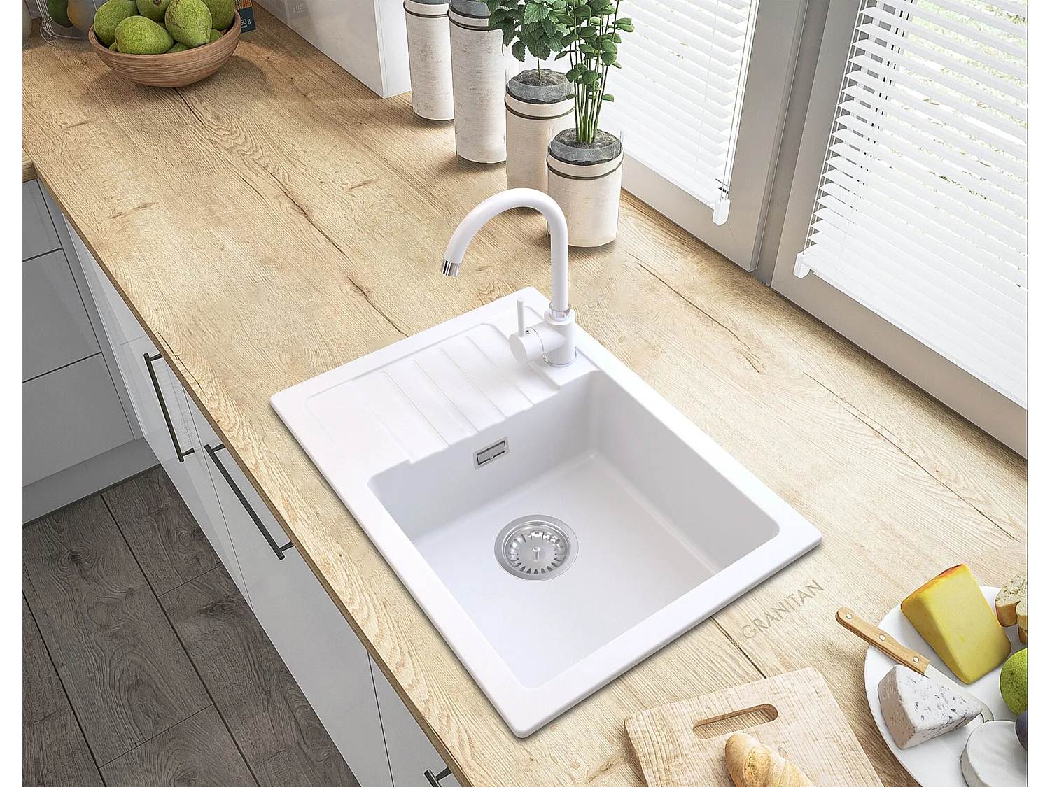 ÉVIER EN GRANIT BLANC ARGOS + SIPHON CARRÉ CHROMÉ