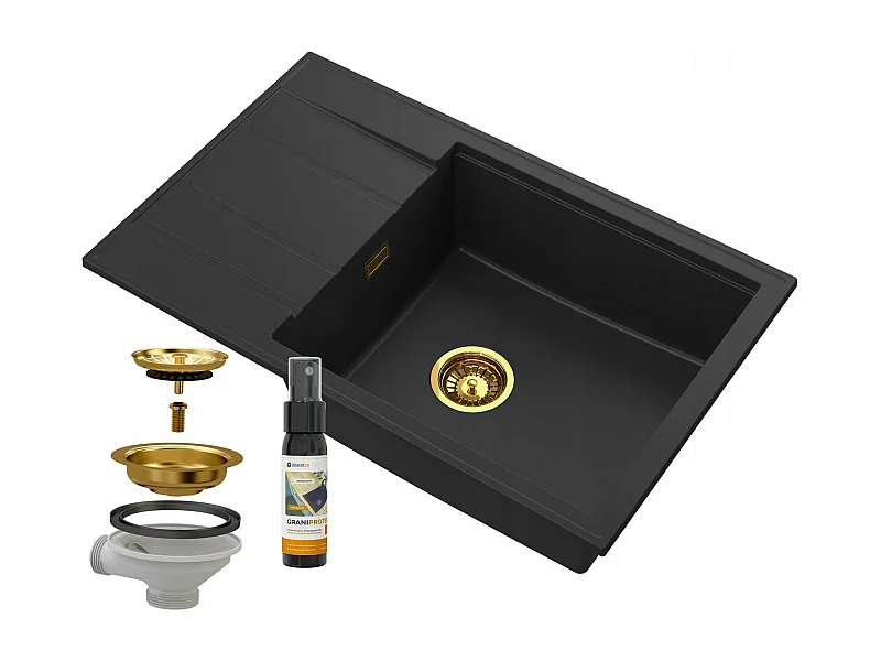 ÉVIER EN GRANIT NOIR LOUIS ÉGOUTTOIR SIPHON OR