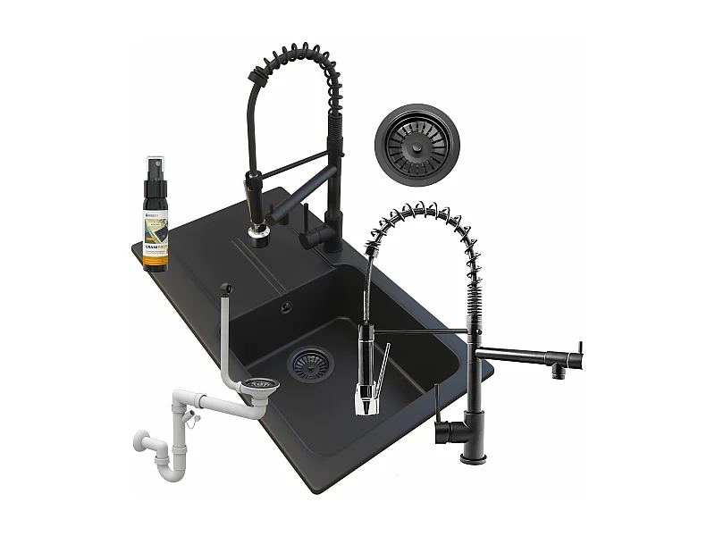 GRANIT NOIR ÉVIER TASOS + ROBINET SPIRALE+SIPHON