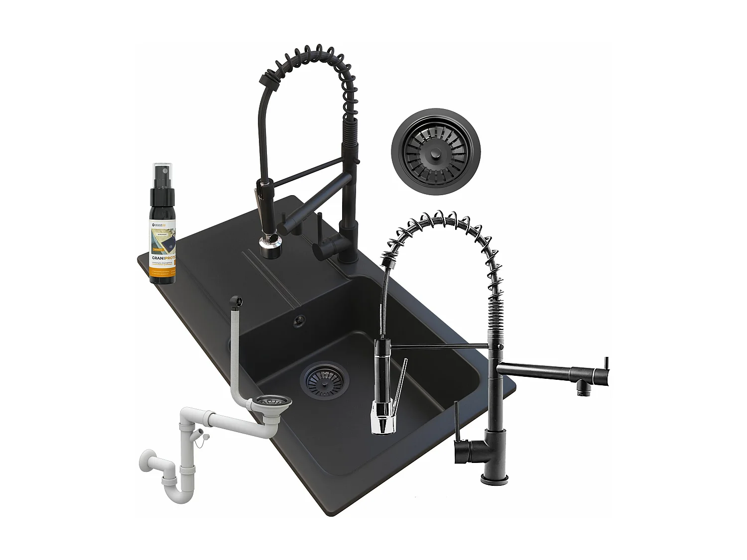 GRANIT NOIR ÉVIER TASOS + ROBINET SPIRALE+SIPHON