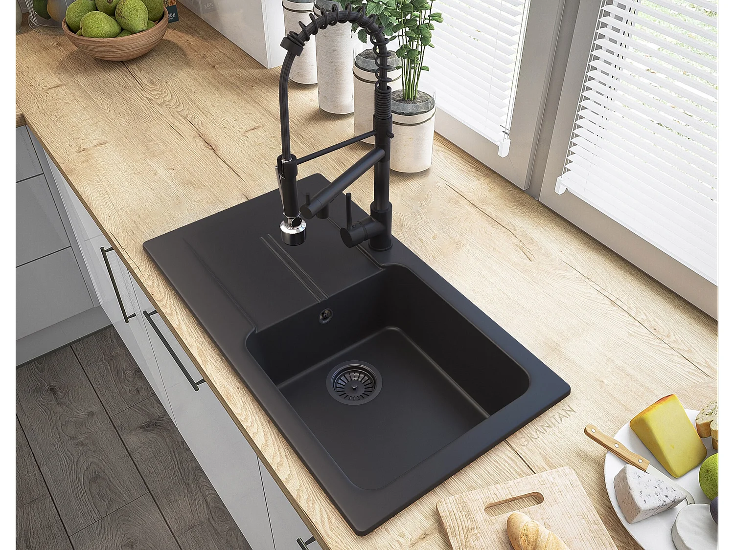 GRANIT NOIR ÉVIER TASOS + ROBINET SPIRALE+SIPHON