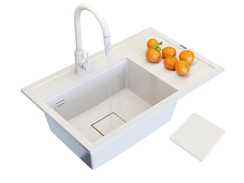 ÉVIER EN GRANIT ROBINET DE CUISINE BLANC CAPUCHON ENSEMBLE MODERNE RENDO