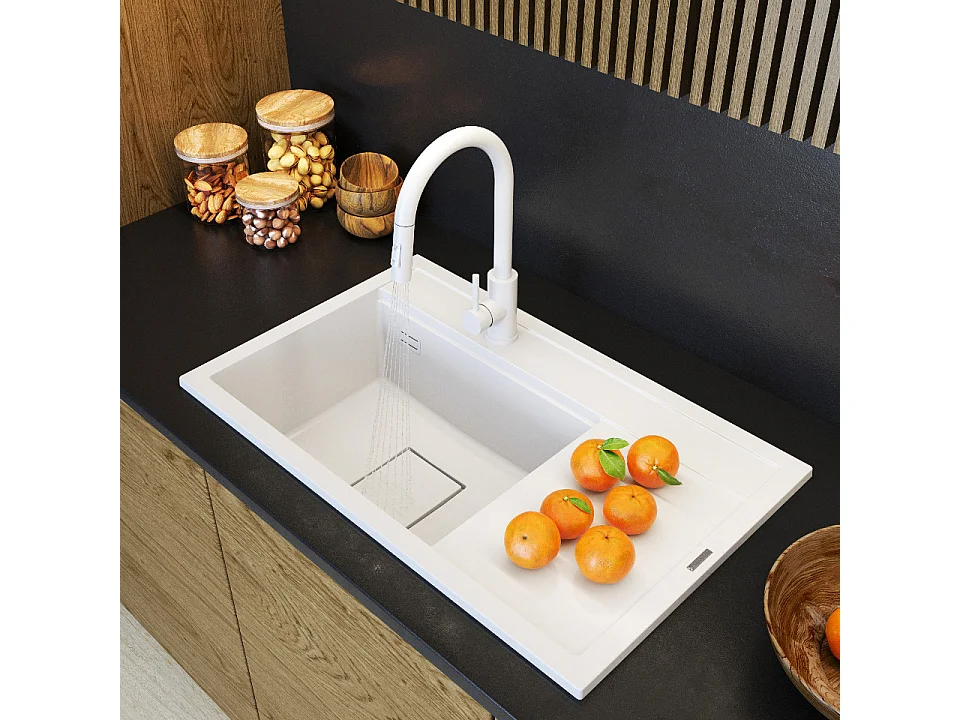 ÉVIER EN GRANIT ROBINET DE CUISINE BLANC CAPUCHON ENSEMBLE MODERNE RENDO