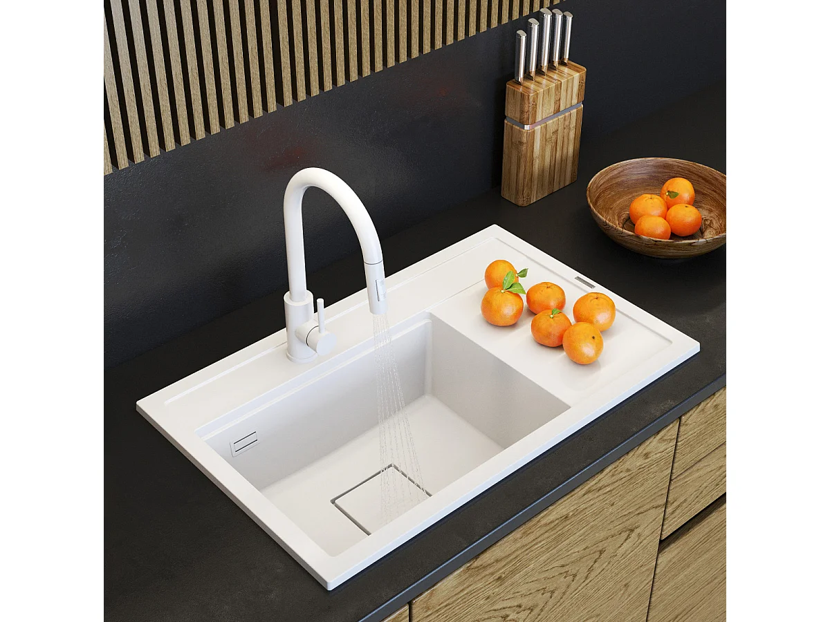 ÉVIER EN GRANIT ROBINET DE CUISINE BLANC CAPUCHON ENSEMBLE MODERNE RENDO