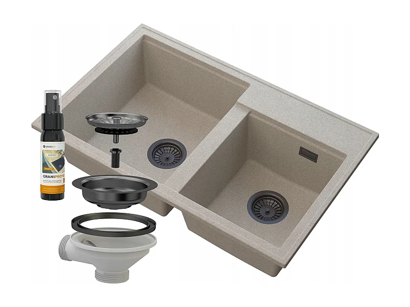 ÉVIER EN GRANIT BEIGE HECTOR 2 COMPARTIMENT SIPHON NOIR