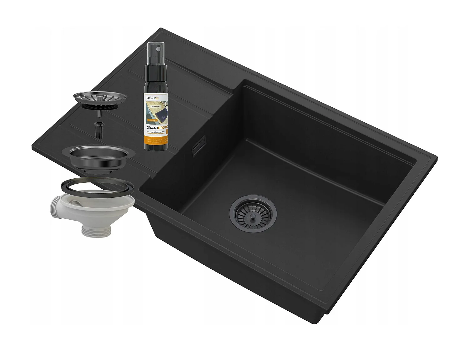 ÉVIER GRANIT NOIR LOUIS ÉGOUTTOIR SIPHON NOIR