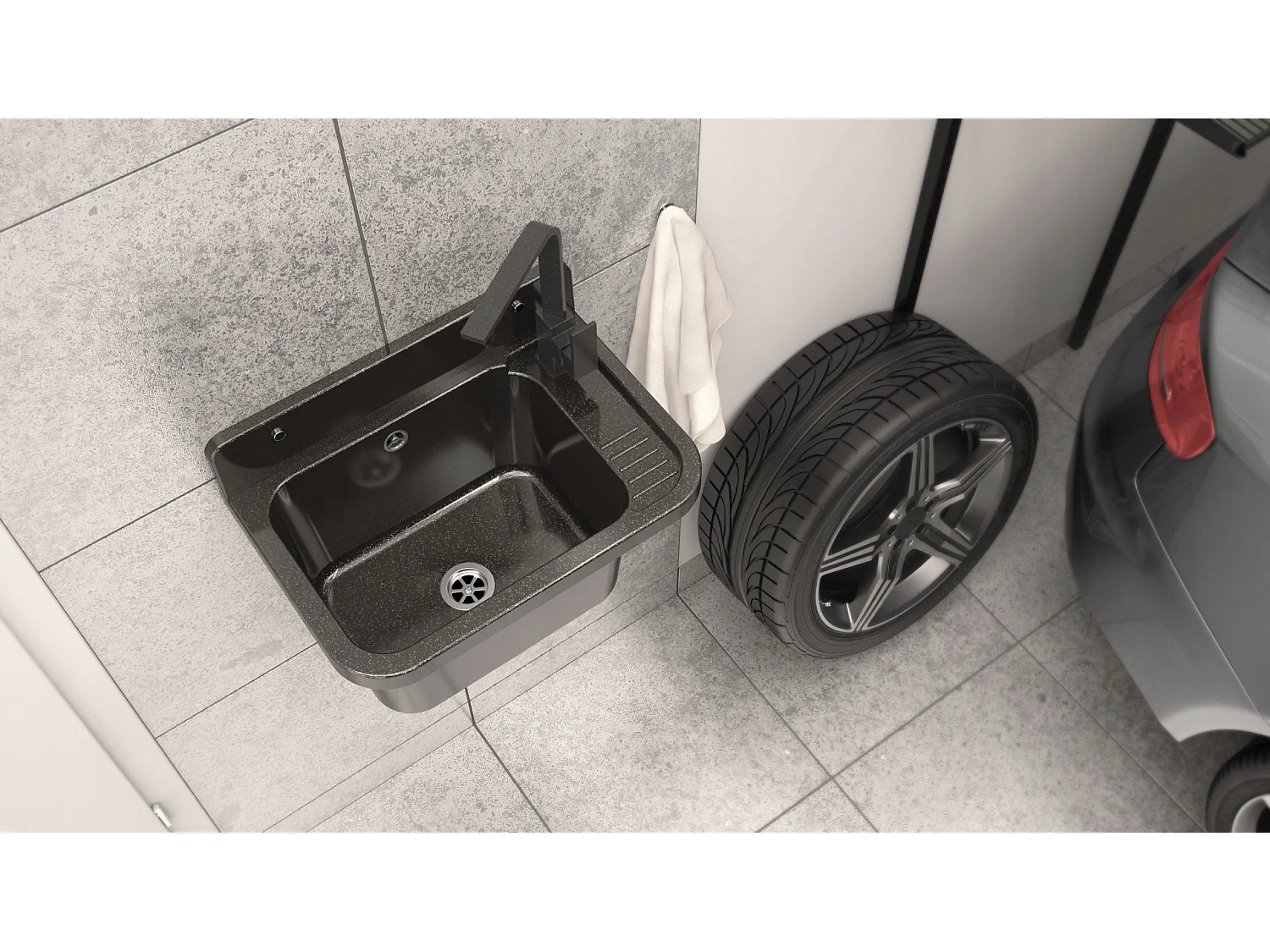 évier de ferme noir buanderie garage chaufferie robinet droit Paron