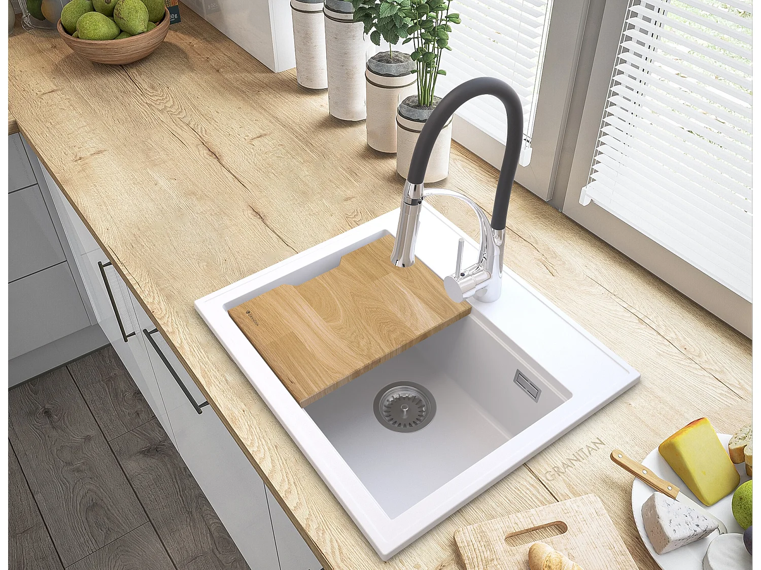 ÉVIER EN GRANIT BLANC FOXAL + MITIGEUR CHROMÉ NEXO