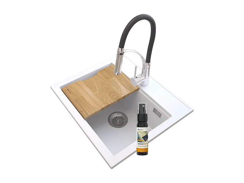 ÉVIER EN GRANIT BLANC FOXAL + MITIGEUR CHROMÉ NEXO