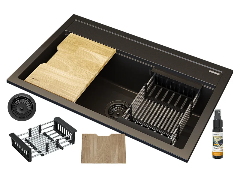 ÉVIER EN GRANIT NOIR GRANDE PLANCHE EN BOIS ÉGOUTTOIR SIPHON SET ASTI