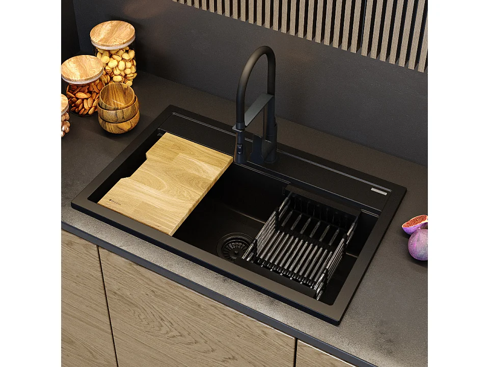 ÉVIER EN GRANIT NOIR GRANDE PLANCHE EN BOIS ÉGOUTTOIR SIPHON SET ASTI