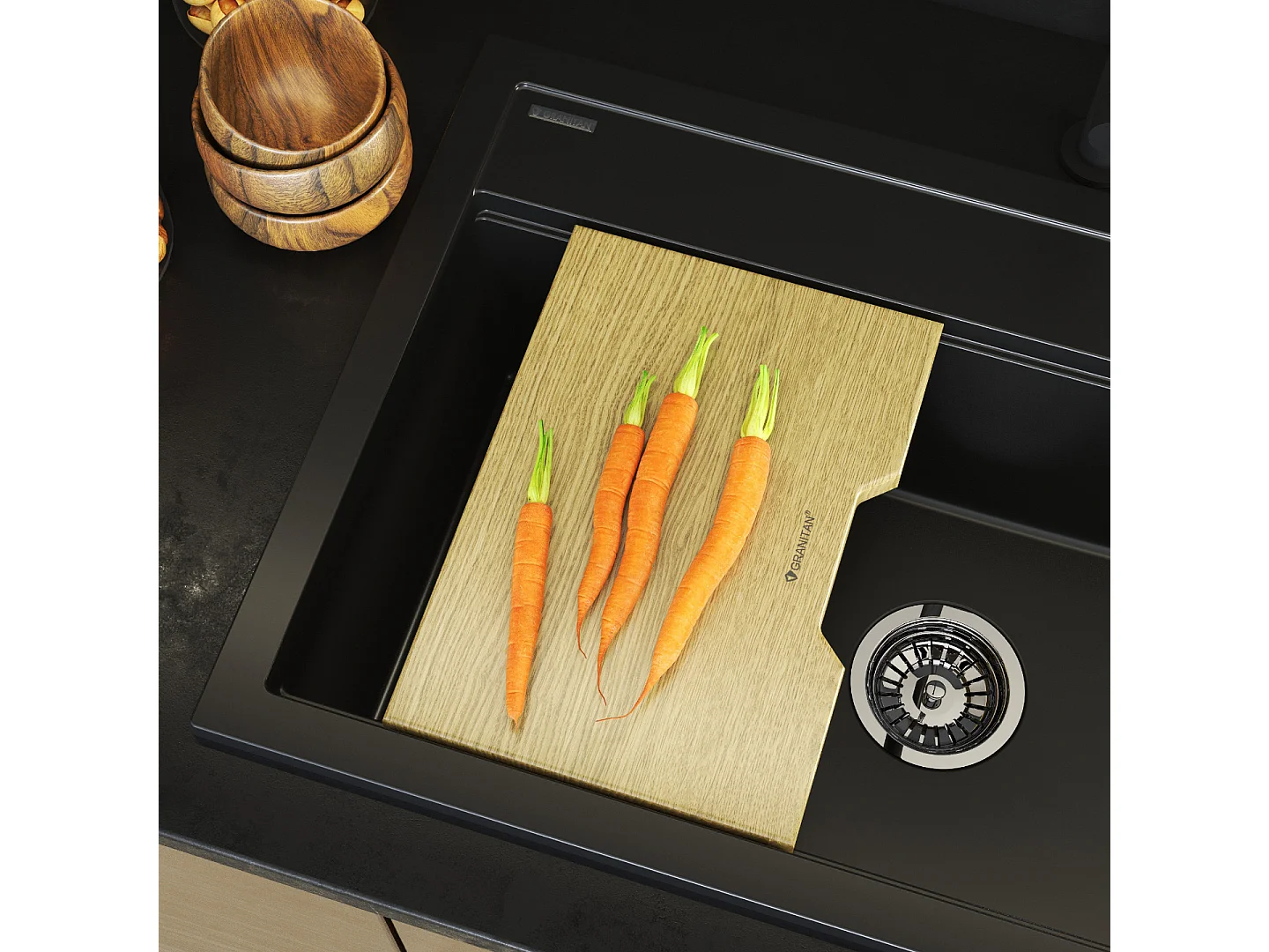 ÉVIER EN GRANIT NOIR GRANDE PLANCHE EN BOIS ÉGOUTTOIR SIPHON SET ASTI