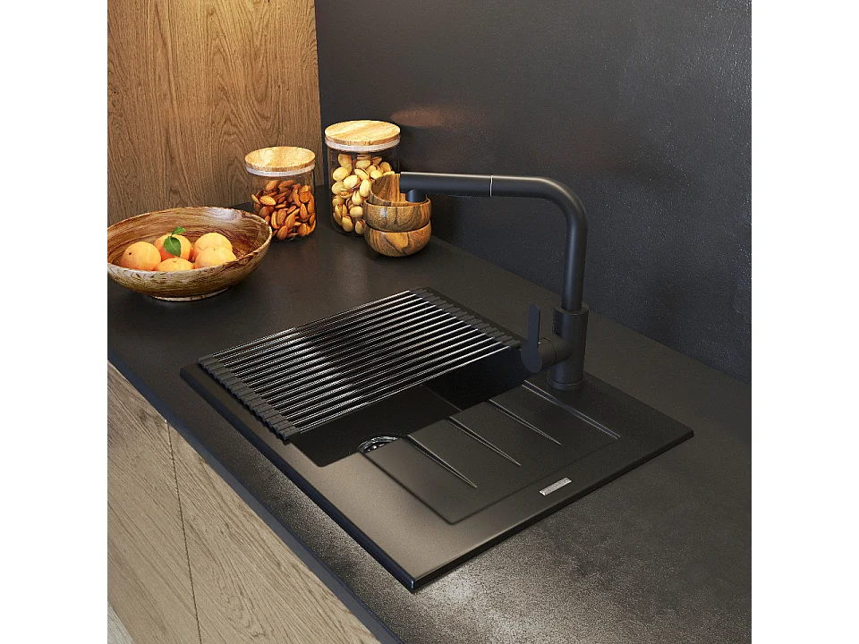 ÉVIER EN GRANIT NOIR ROBINET DE CUISINE MAT SIPHON SET MILANO