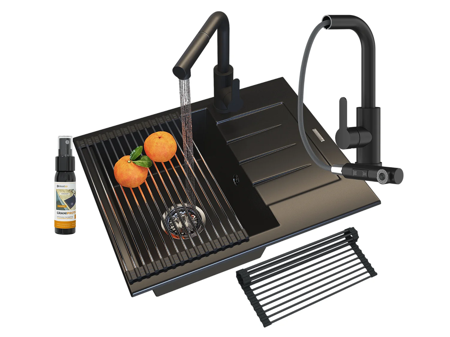 ÉVIER EN GRANIT NOIR ROBINET DE CUISINE MAT SIPHON SET MILANO