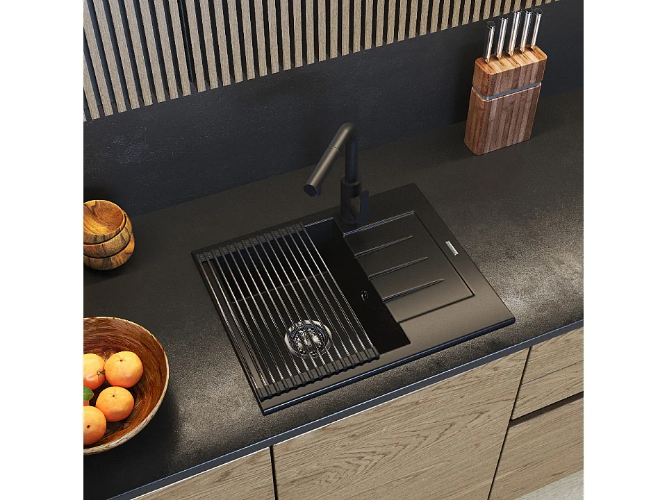 ÉVIER EN GRANIT NOIR ROBINET DE CUISINE MAT SIPHON SET MILANO