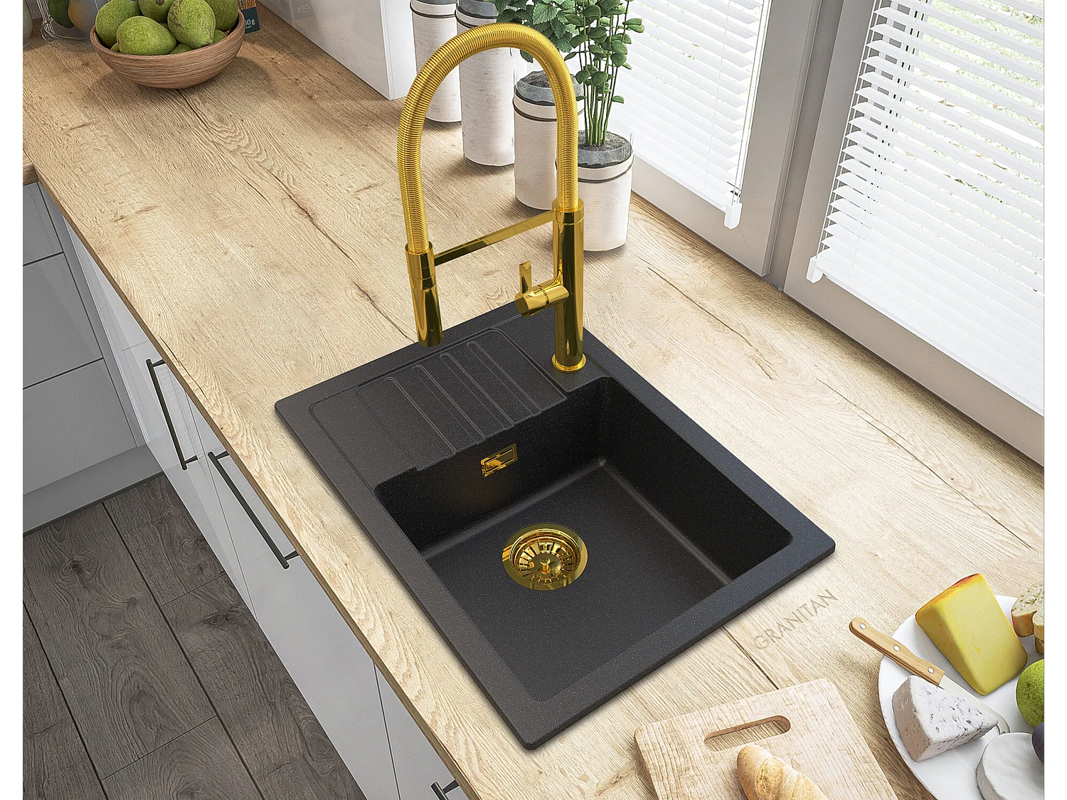 ÉVIER EN GRANIT ARGOS DORÉ + SIPHON CARRÉ DORÉ