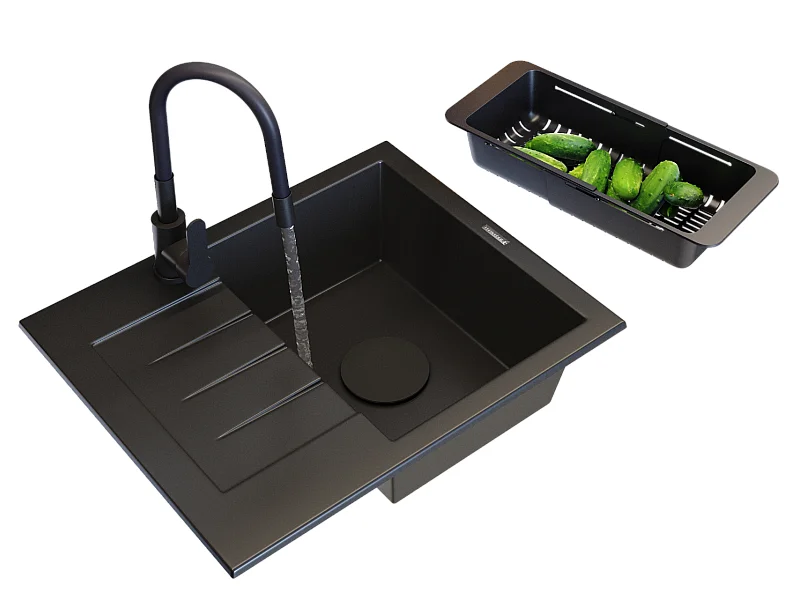 ÉVIER GRANIT NOIR CUISINE MITIGEUR PANIER SET MILANO