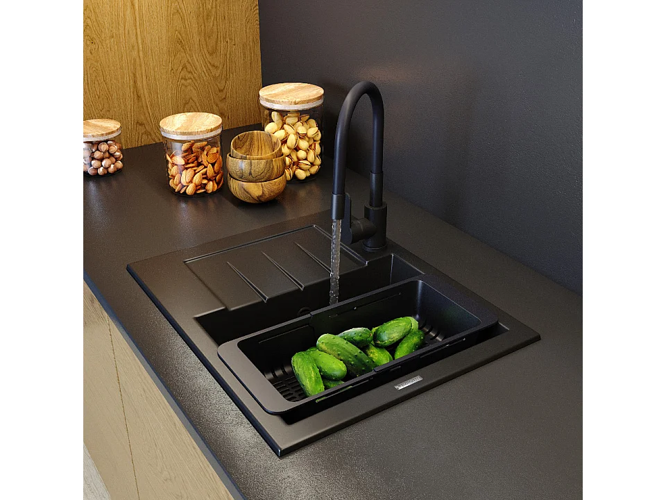 ÉVIER GRANIT NOIR CUISINE MITIGEUR PANIER SET MILANO