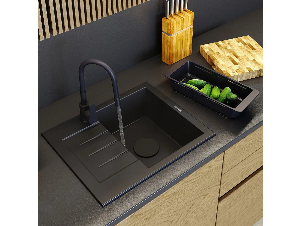 ÉVIER GRANIT NOIR CUISINE MITIGEUR PANIER SET MILANO