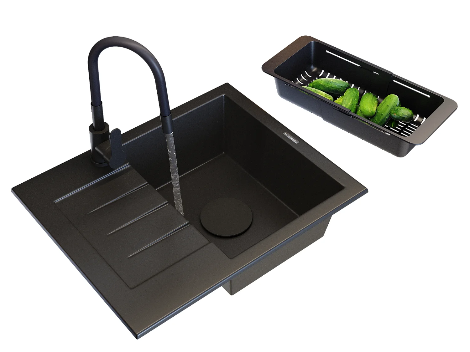 ÉVIER GRANIT NOIR CUISINE MITIGEUR PANIER SET MILANO