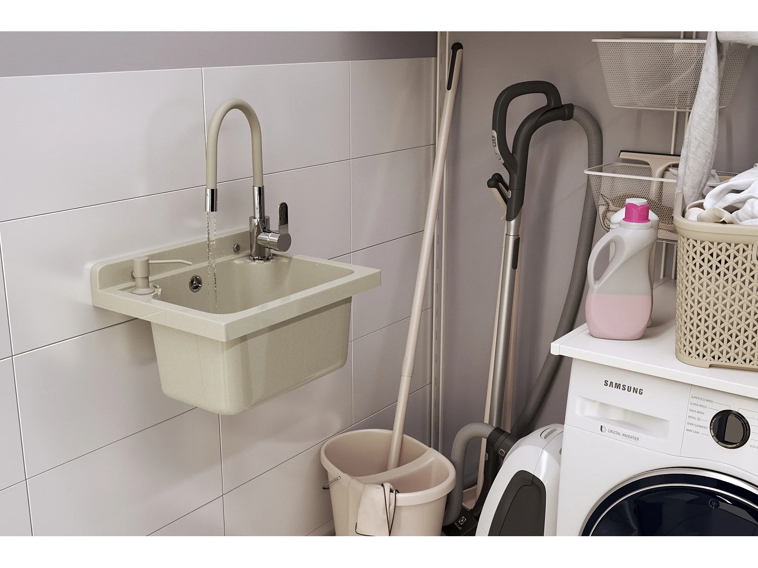 ÉVIER DE FERME BEIGE MITIGEUR AVEC BEC FLEXIBLE LOMA