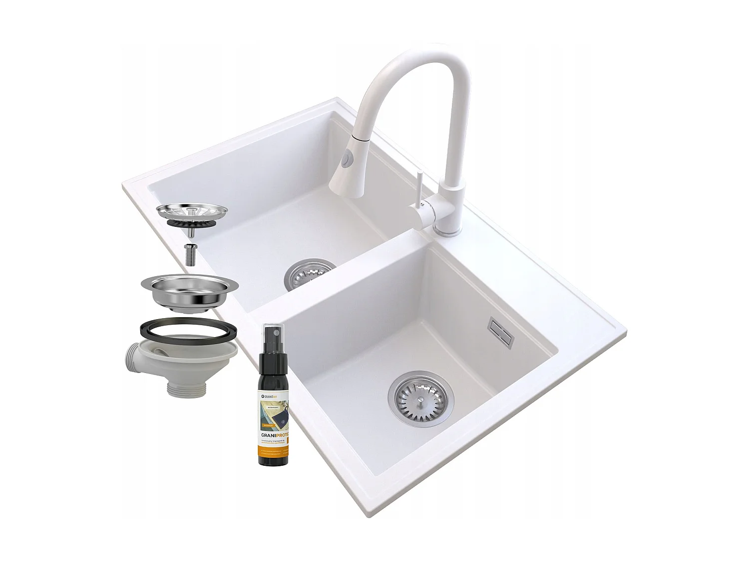 ÉVIER GRANIT BLANC HECTOR SIPHON CHROME BAT SNAKE