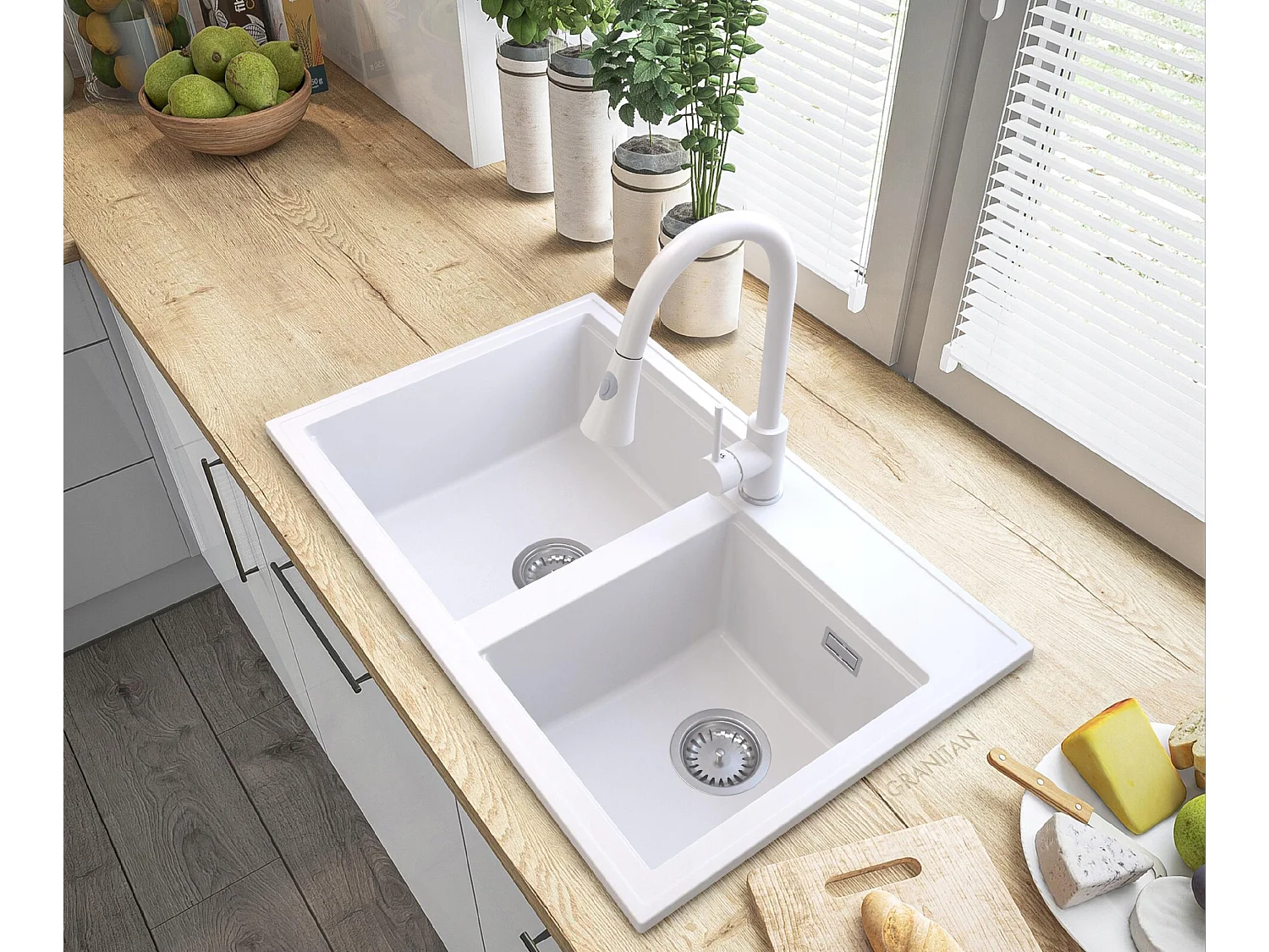 ÉVIER GRANIT BLANC HECTOR SIPHON CHROME BAT SNAKE