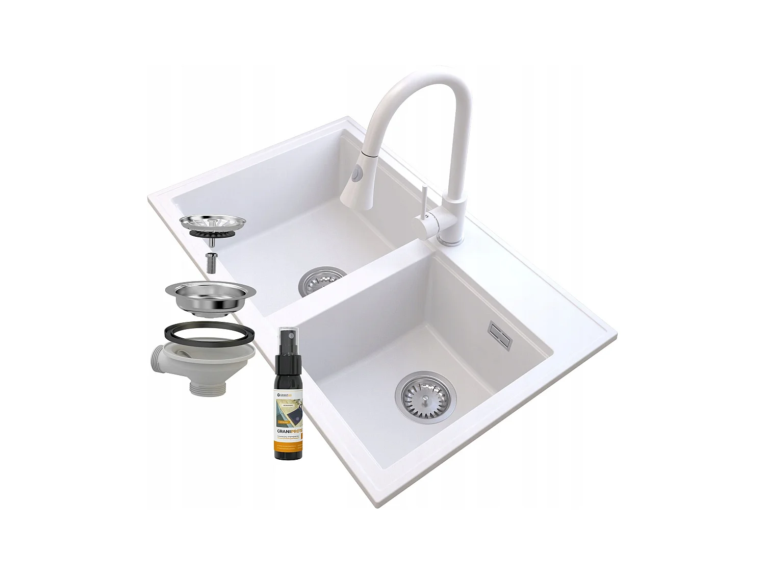 ÉVIER GRANIT BLANC HECTOR SIPHON CHROME BAT SNAKE