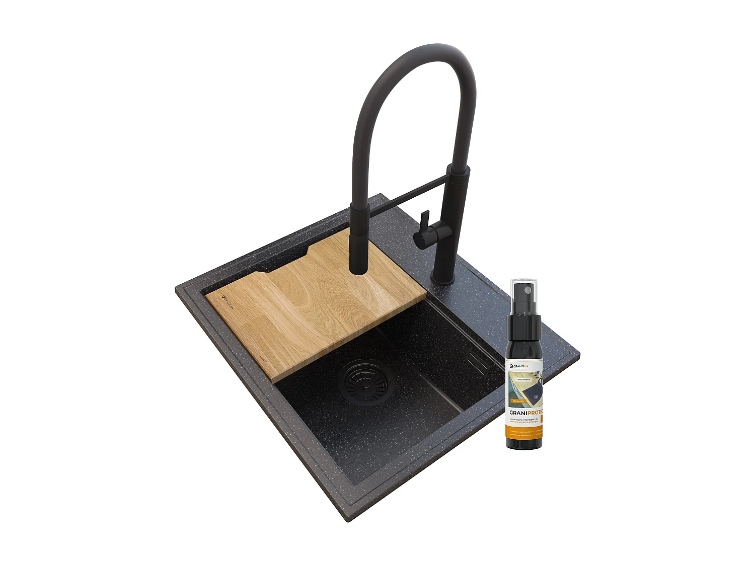 FOXAL ÉVIER EN GRANIT TACHETÉ+MÉLANGEUR HAUT NOIR