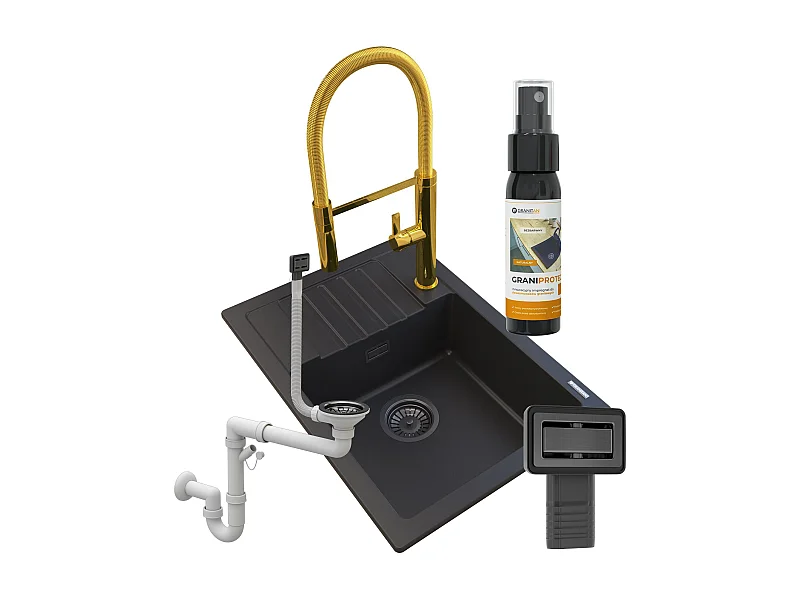 GRANIT NOIR ARGOS ÉVIER + ROBINETTERIE COMPLÈTE + SIPHON