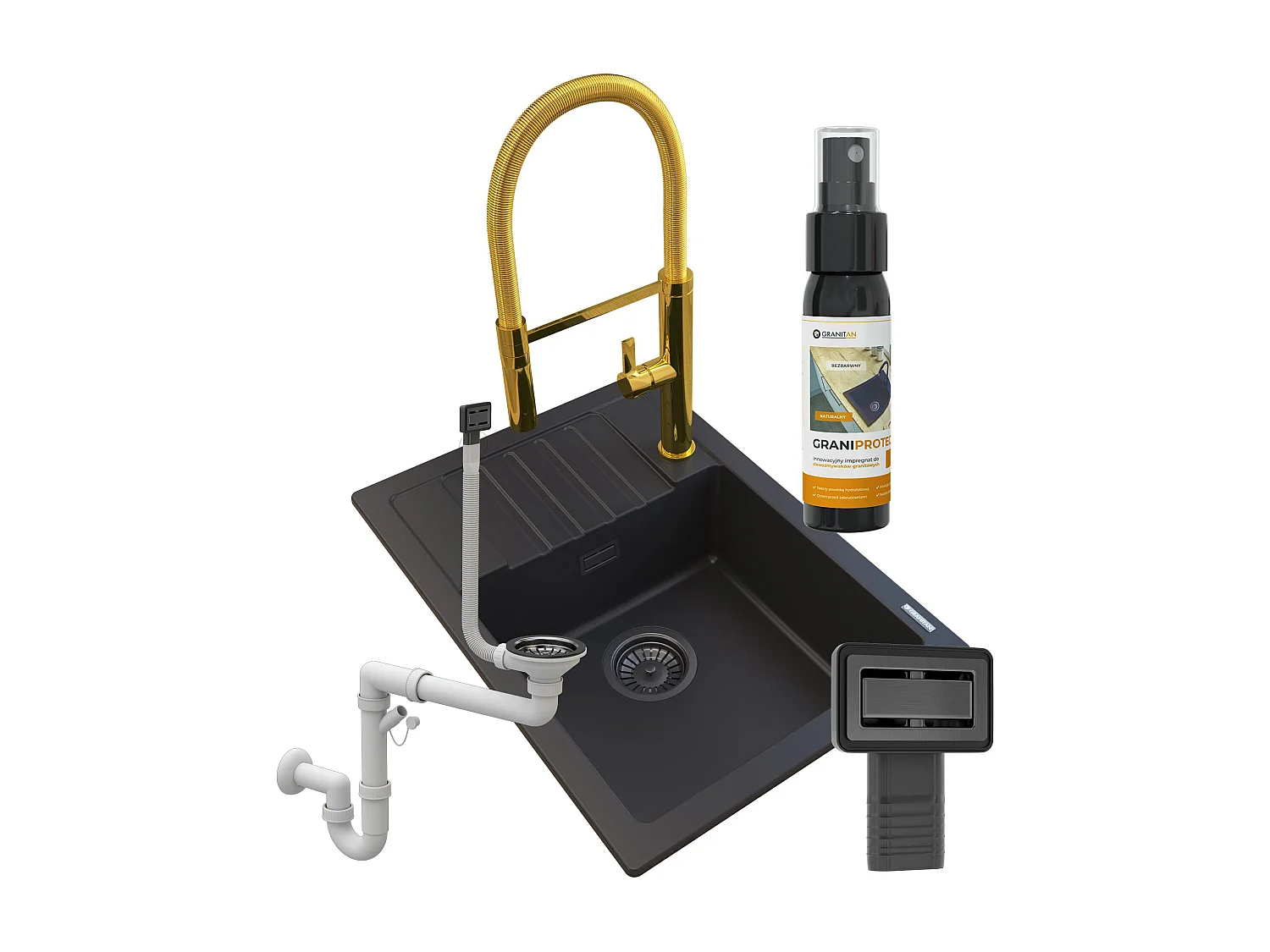 GRANIT NOIR ARGOS ÉVIER + ROBINETTERIE COMPLÈTE + SIPHON