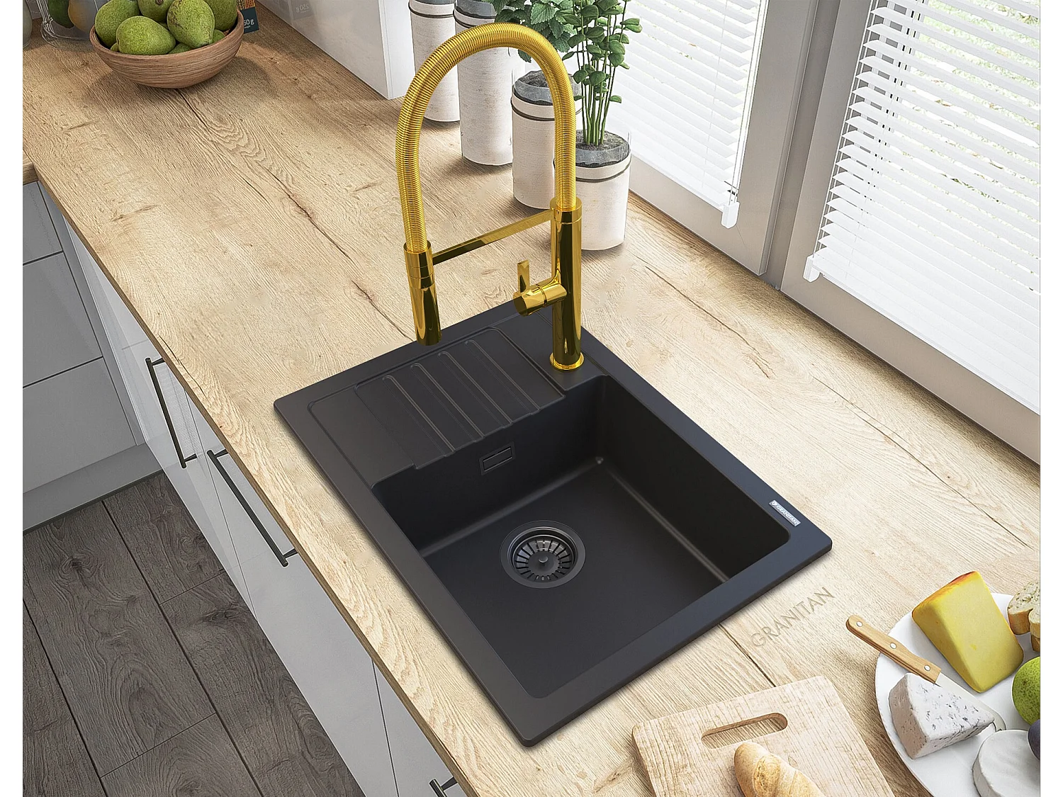 GRANIT NOIR ARGOS ÉVIER + ROBINETTERIE COMPLÈTE + SIPHON