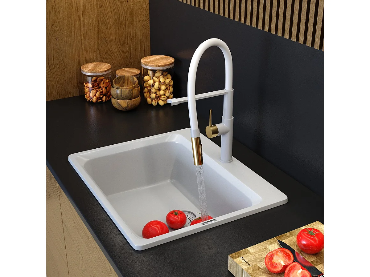 ZANTE évier en granit set de robinetterie blanc panier siphon SORIA