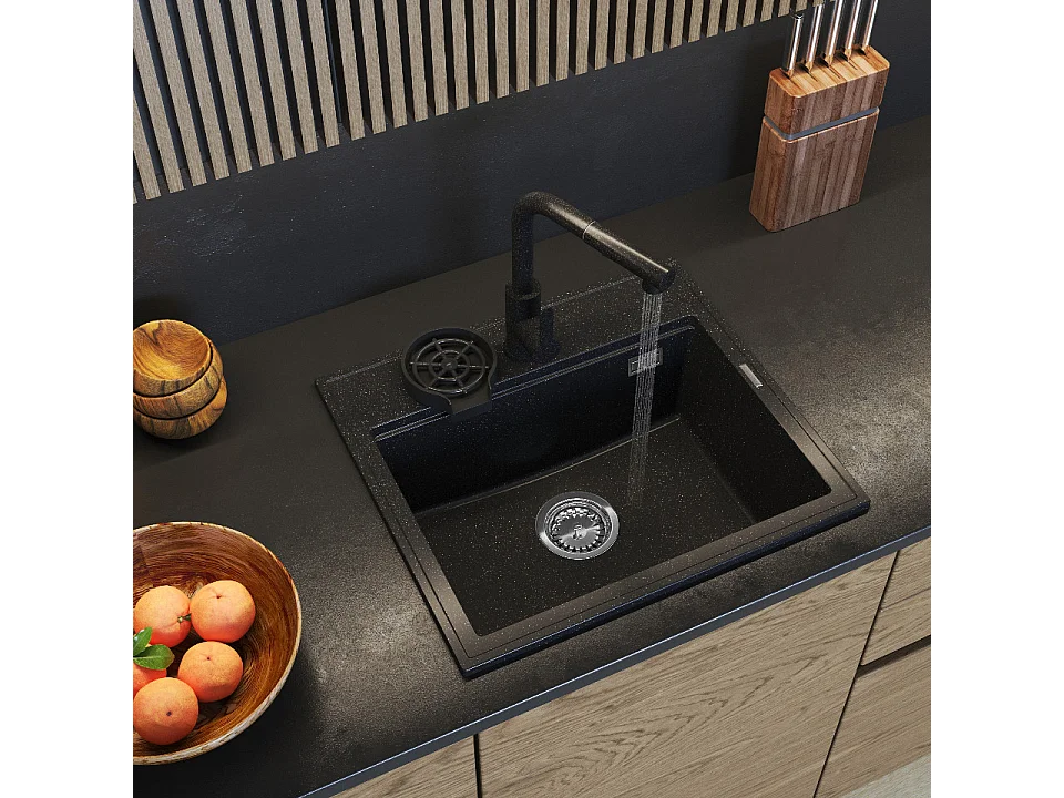 ÉVIER EN GRANIT ROBINET DE CUISINE NOIR LAVEUR SIPHON SET FOXAL