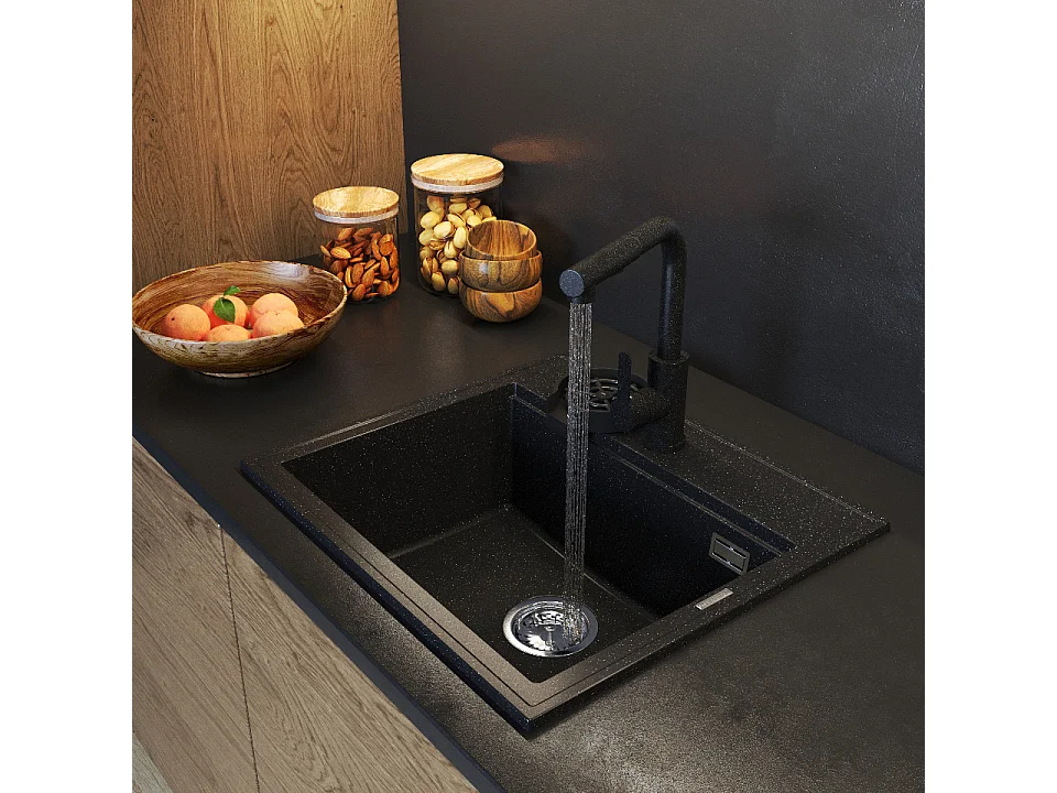 ÉVIER EN GRANIT ROBINET DE CUISINE NOIR LAVEUR SIPHON SET FOXAL