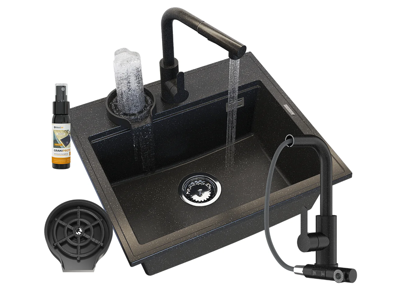 ÉVIER EN GRANIT ROBINET DE CUISINE NOIR LAVEUR SIPHON SET FOXAL