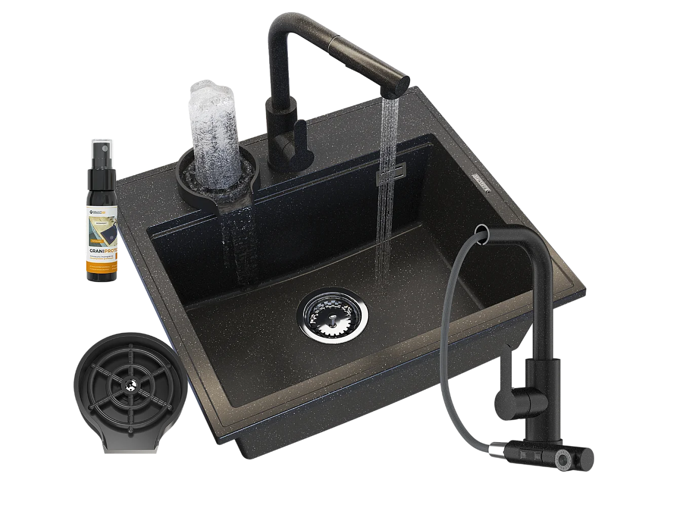 ÉVIER EN GRANIT ROBINET DE CUISINE NOIR LAVEUR SIPHON SET FOXAL