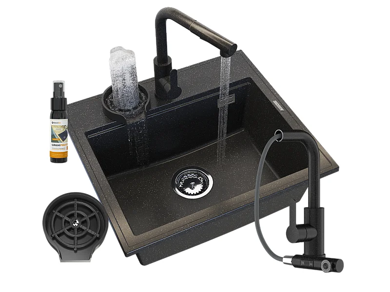 ÉVIER EN GRANIT ROBINET DE CUISINE NOIR LAVEUR SIPHON SET FOXAL