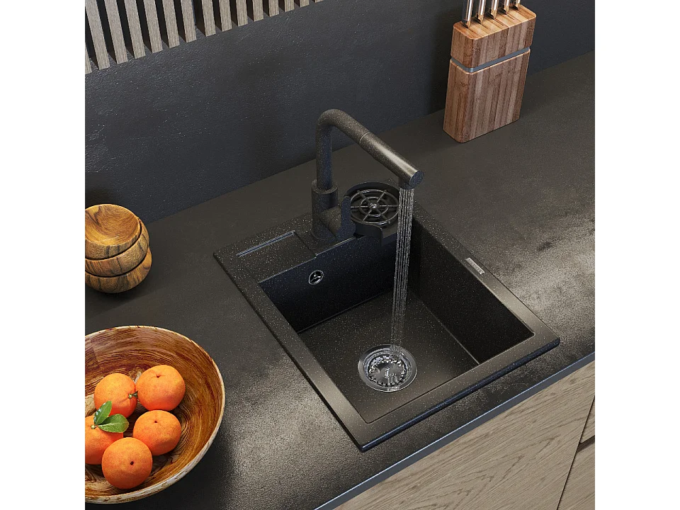 ÉVIER EN GRANIT NOIR ROBINET DE CUISINE LAVEUSE SIPHON SET BEST