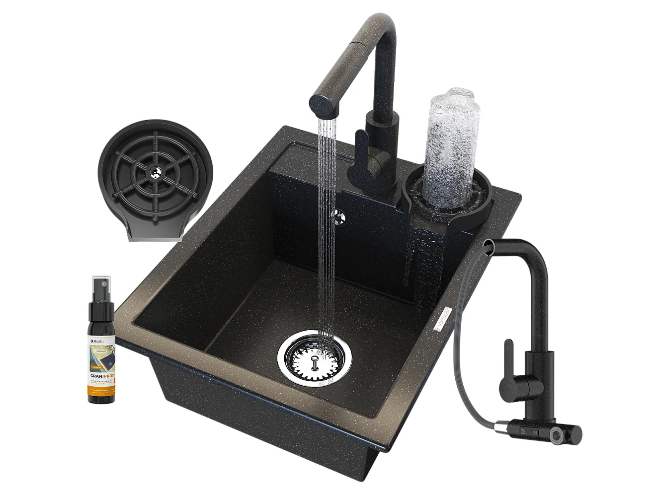 ÉVIER EN GRANIT NOIR ROBINET DE CUISINE LAVEUSE SIPHON SET BEST